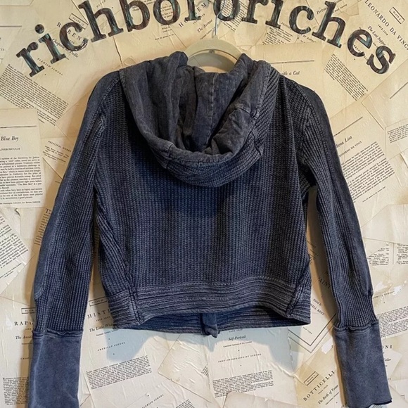 Free People One Mason Hoodie Zip Waffle Knit Slouchy Pockets Wash Dark Blue - Picture 2 of 5